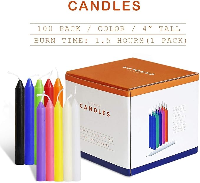 100 pcs Spells Chime Candles Unscented Assorted Colors Mini Taper Candles | 4" Tall x 1/2" Diameter