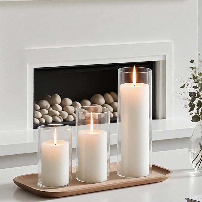 24 Pcs White Pillar Candles with Glass Candle Holder Hurricane Glass Candle Holders Clear Cylinder