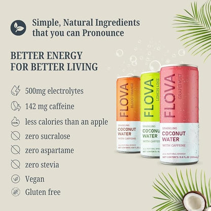 Flova Blood Orange Energy Drink, All Natural, Electrolytes and Minerals from Coconut Water, 4