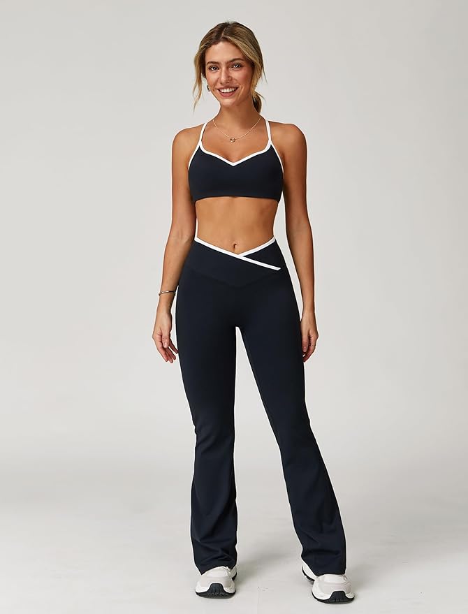 ABOCIW Workout Sets for Women 2 Piece Color Block Strappy Sports Bra High Waist Leggings Gym Yoga