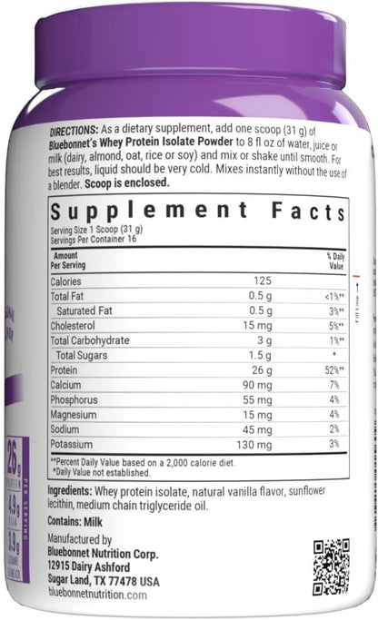 Bluebonnet Nutrition Whey Protein Isolate Powder from Grass Fed Cows, No Sugar Added, Gluten & Soy