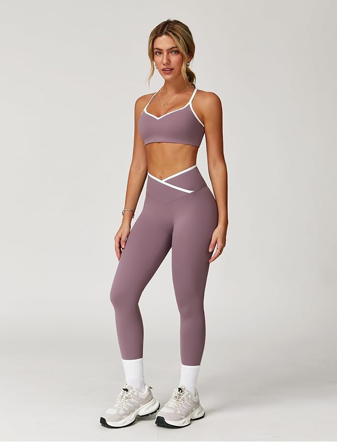 ABOCIW Workout Sets for Women 2 Piece Color Block Strappy Sports Bra High Waist Leggings Gym Yoga