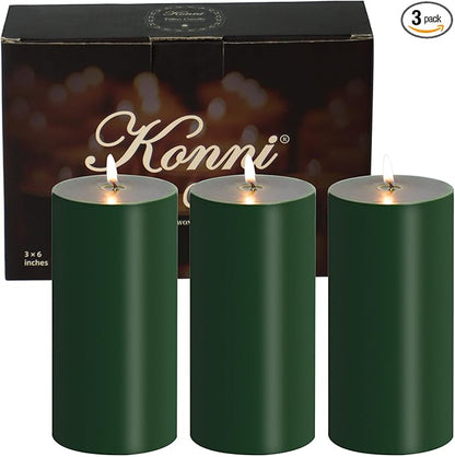 KONNI Navy Green Pillar Candles Set of 3, 3"x 6" Unscented Pillar Candles Bulk, 56 Hours Long