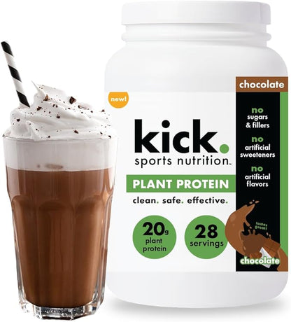 Kick Plant Protein Powder, Chocolate Flavor, 20 G Protein, Gluten Free Workout Supplement with