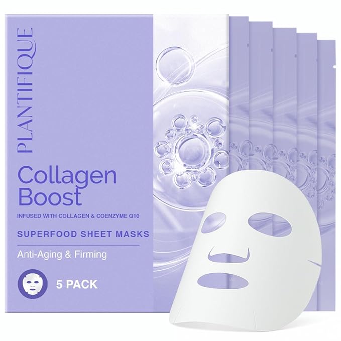 PLANTIFIQUE Facial Sheet Mask Collagen Boost 5 Pack ??Anti-Aging & Firming Face Mask Sheets with