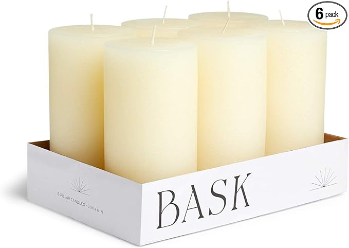 Mottled Pillar Candles by Bask - Set of 6-3" x 6" Dripless Unscented Candles in Ivory for Home