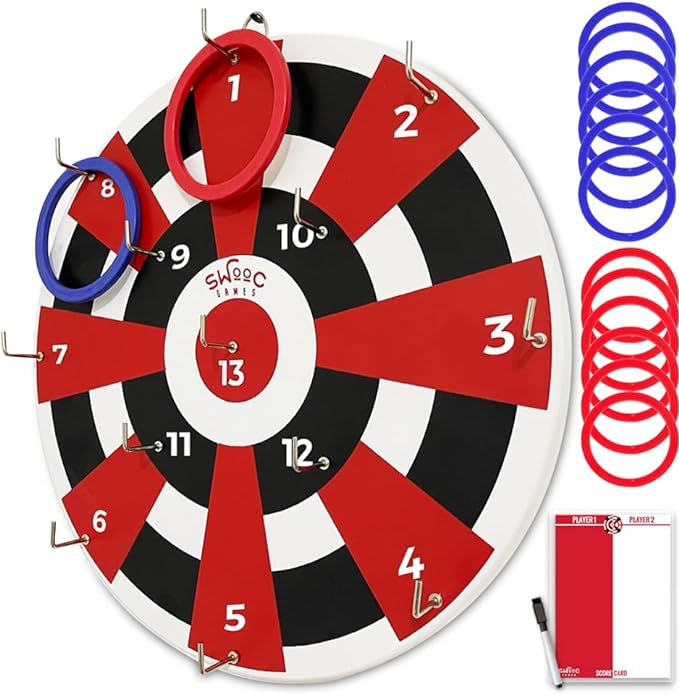 Swooc Games® ‒ Hook Darts Ring Toss Game ‒ Wood Board & Soft Rings ‒ 20+ Games Included for Kids &
