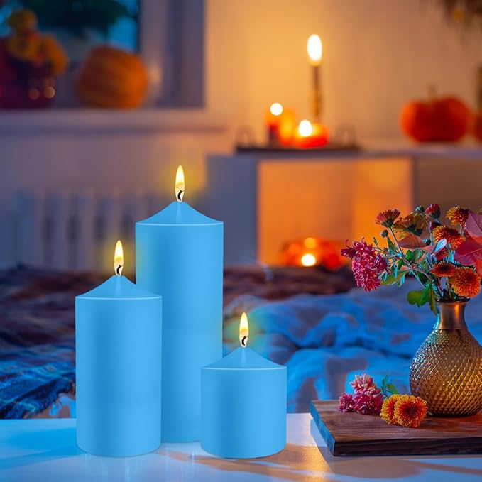 Pillar Candles 3 x 4, 6, and 8 inches, Large Handmade Candles Set of 3, Blue Decorative Candles for