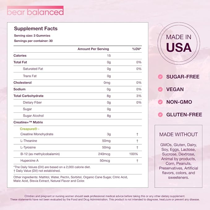 Creatine Gummies for Men & Women - Creapure® Creatine Monohydrate, L-Theanine, L-Tyrosine & B12 for