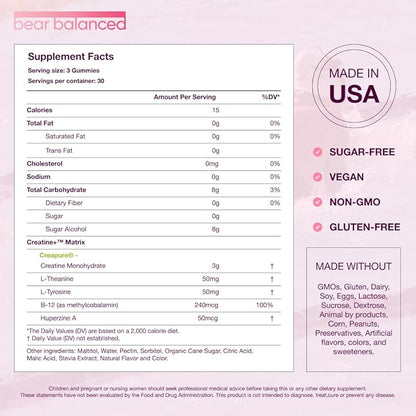 Creatine Gummies for Men & Women - Creapure® Creatine Monohydrate, L-Theanine, L-Tyrosine & B12 for