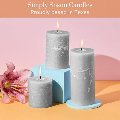 Simply Soson 3x4 inch Grey Pillar Candles Set of 3, Rustic Texture, Unscented Grey Candles