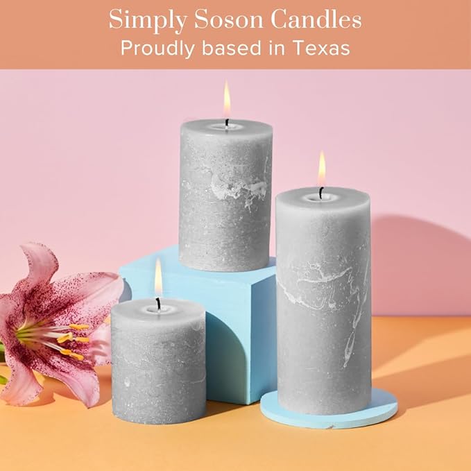 Simply Soson Grey Rustic Texture Pillar Candles 3x6 inch - Set of 3 - Unscented Decorative Grey