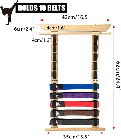 JUXYES Wall Hanging Martial Arts Belts Organizer for 10 Belts with Medal Hanger and Stickers