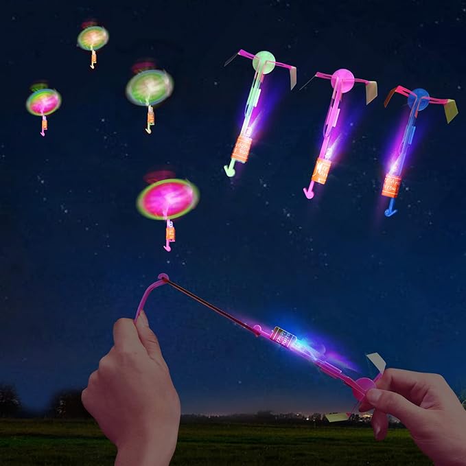 25 Sets LED Flying Set, 25 Slingshot+25 Glow Helicopter-50 Pcs, Flying Toy Outdoor Toys Glow in The