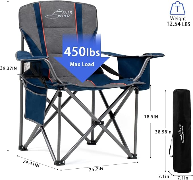 FAIR WIND 2 Pack Oversized Fully Padded Camping Chair with Lumbar Support, Heavy Duty Cooler Bag