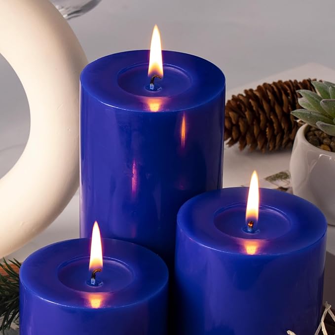 KONNI Classic Blue Pillar Candles Set of 3, 3"x 3" Unscented Pillar Candles Bulk, 30 Hours Long