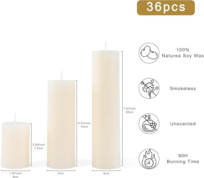 36 Pcs Pillar Candles, Unscented Ivory White Pillar Candles, Smokeless Long Burning Wax Candles for