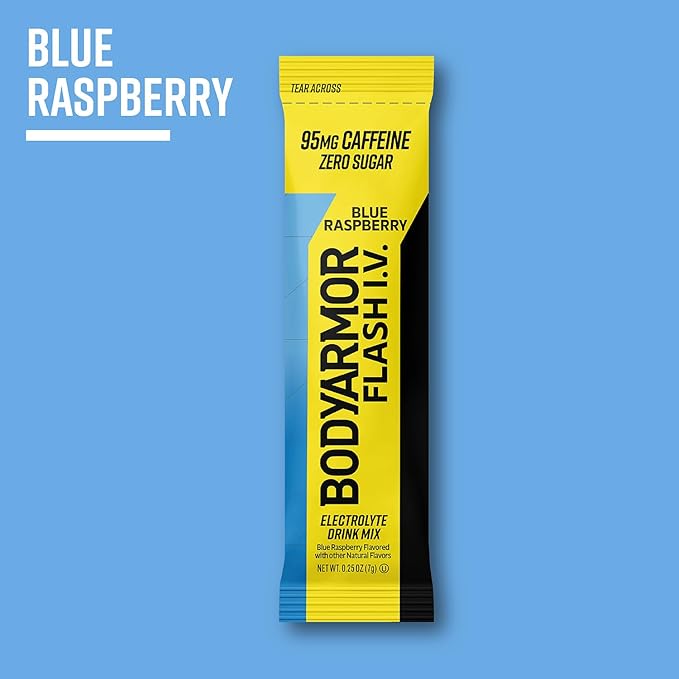 BODYARMOR Caffeinated Flash I.V. Electrolyte Packets Blue Raspberry - Zero Sugar Energy Drink Mix