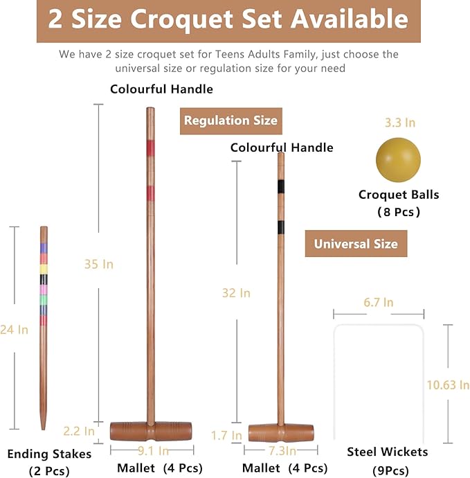 Brown Croquet Set for Adults - 8 Players Croquette Kit with 35In Deluxe, 32In Regulation Size