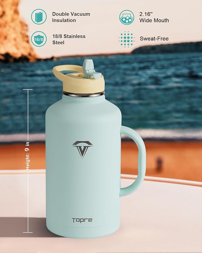 Half Gallon Water Bottle with Handle and Carry Pouch,64 oz Stainless Steel Insulated Jug Flask with