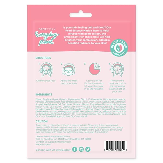 FACETORY K Beauty Face Mask Skin Care - Everyday PEARL Brightening Sheet Mask | Plant-Based with