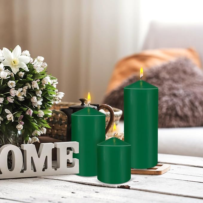 Pillar Candles 3 x 4, 6, and 8 inches, Large Handmade Candles Set of 3, Green Decorative Candles