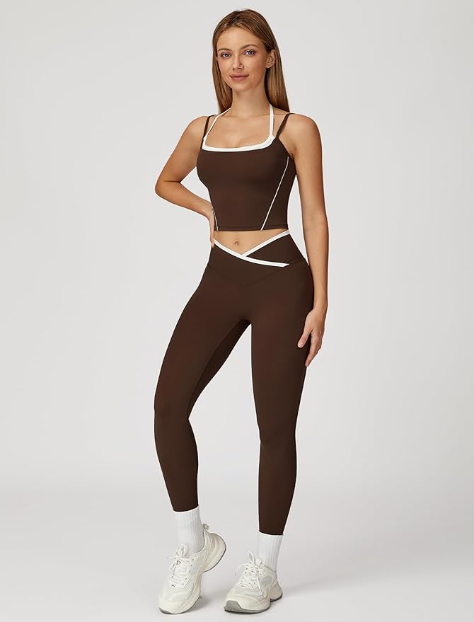 ABOCIW Workout Sets for Women 2 Piece Color Block Strappy Sports Bra High Waist Leggings Gym Yoga