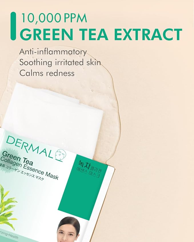DERMAL Green Tea Collagen Essence Facial Mask Sheet 23g Pack of 10 - Hydrating and Soothing for