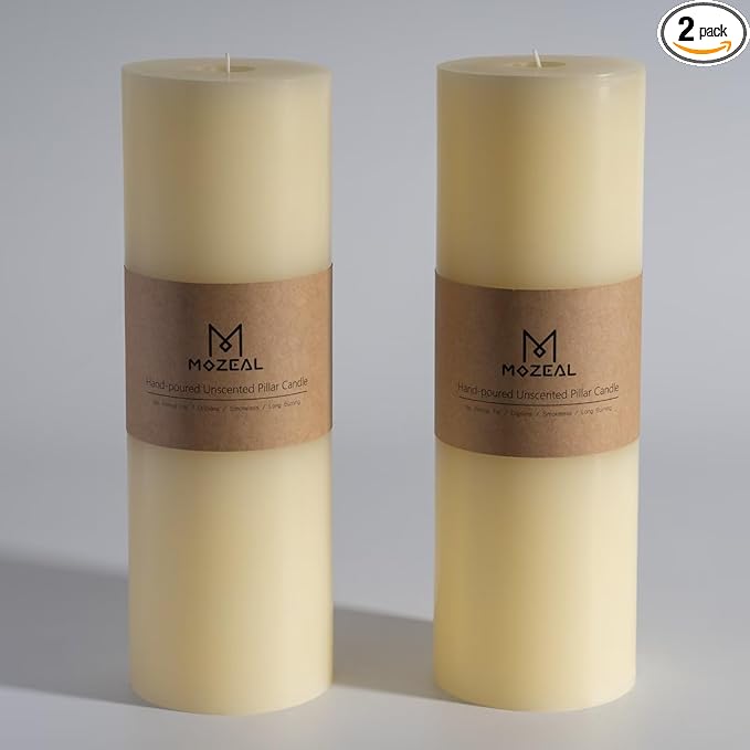 MOZEAL 4" x 12" Extra-Large Ivory Pillar Candles (Set of 2), Unscented,Dripless, Smokeless,Long