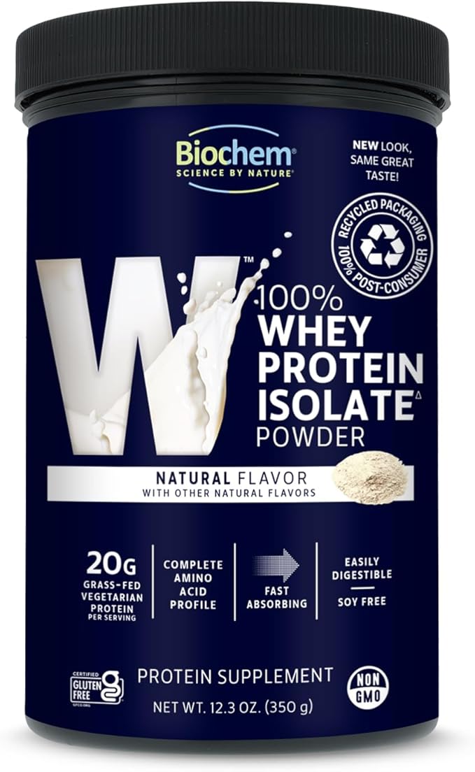 Biochem 100% Whey Isolate Protein - Natural Flavor - 12.3 Ounce, Preworkout & Immune Health - 20g