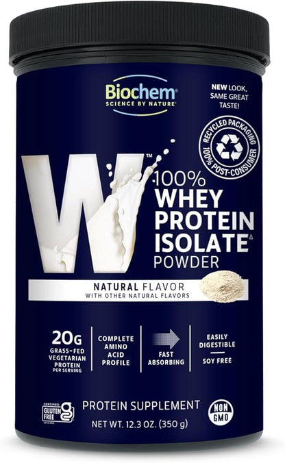 Biochem 100% Whey Isolate Protein - Natural Flavor - 12.3 Ounce, Preworkout & Immune Health - 20g