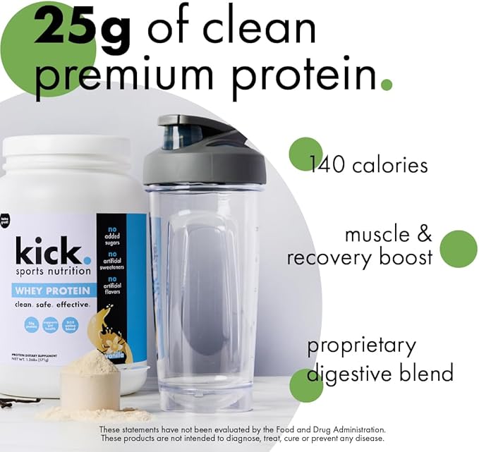 Kick Whey Protein Powder, Vanilla Flavor, 25 G Protein, Gluten Free Workout Supplement With Amino