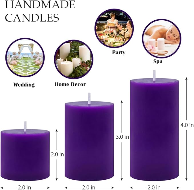 Purple Unscented Pillar Candles 3-Pack ??Dripless & Smokeless, Long-Burning Thick Candles (2",3",4"