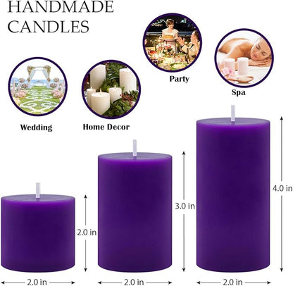 Purple Unscented Pillar Candles 3-Pack ??Dripless & Smokeless, Long-Burning Thick Candles (2",3",4"