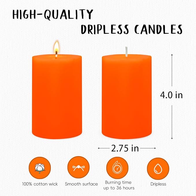 6 Packs 2.75x4 Inch Orange Pillar Candles, Unscented Dripless Cylinder Wax Fall Colored Candles for