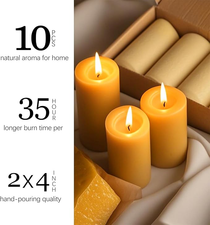 10 Packs Natural Beeswax Candles, 100% Pure Beeswax Pillar Candles for Emergency Prayer Home Decor