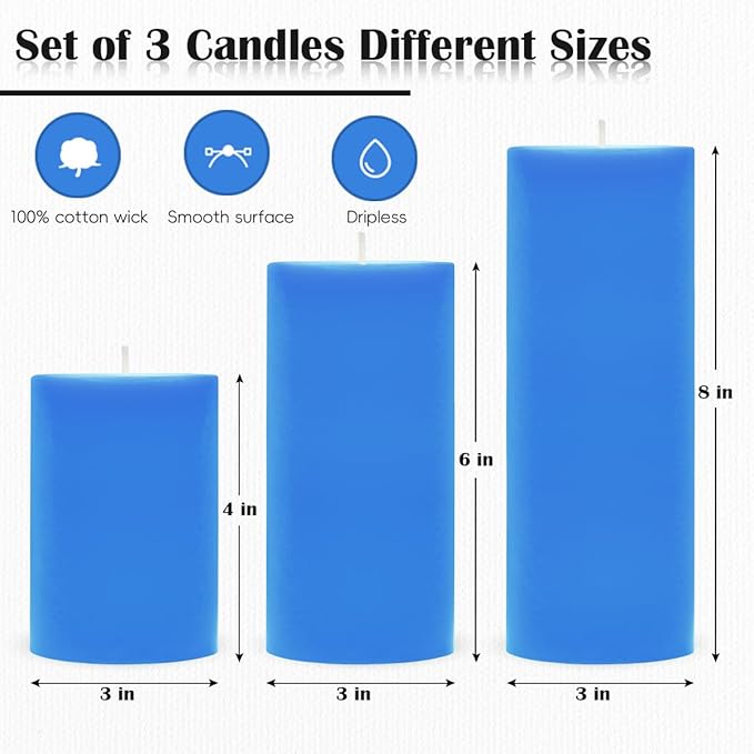 3 Packs Different Size Light Blue Pillar Candles, Unscented Dripless Non-Toxic Smokeless 3x4, 3x6