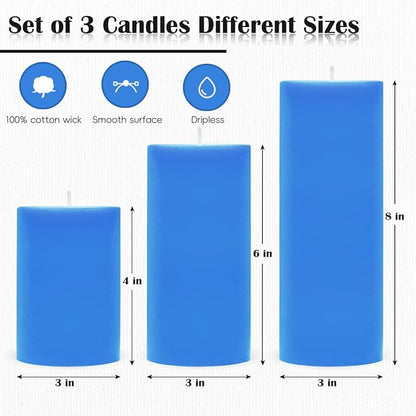 3 Packs Different Size Light Blue Pillar Candles, Unscented Dripless Non-Toxic Smokeless 3x4, 3x6