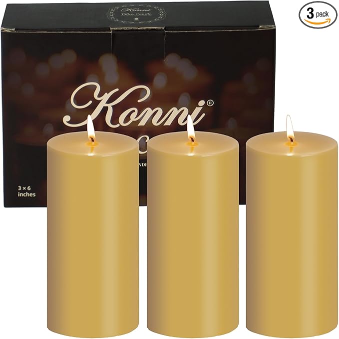 KONNI Mustard Yellow Pillar Candles Set of 3, 3"x 6" Unscented Pillar Candles Bulk, 56 Hours Long