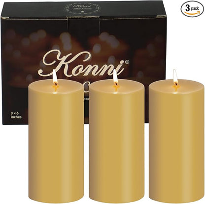 KONNI Mustard Yellow Pillar Candles Set of 3, 3"x 6" Unscented Pillar Candles Bulk, 56 Hours Long