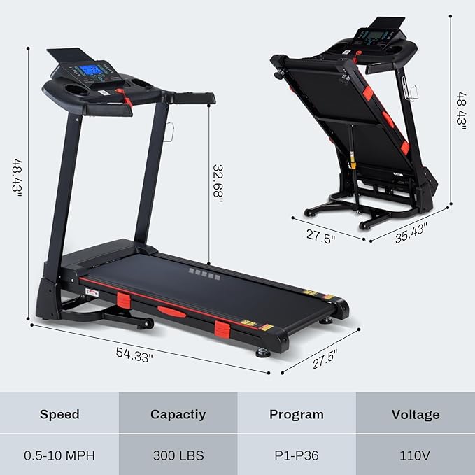 Treadmills for Home, 15% Auto Incline, 0.5-10 MPH, 18" Belt, 3 HP, 350lb Capacity, Foldable