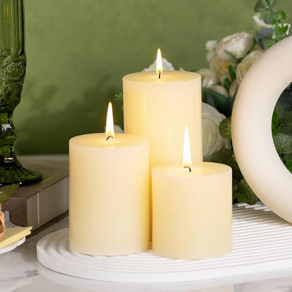 KONNI Ivory Pillar Candles Set of 3, 3"x 4" Unscented Pillar Candles Bulk, 39 Hours Long Burning