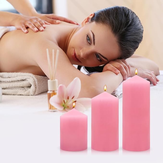 Unscented 3x4 3x6 3x8 Inch Pink Pillar Candles, 3 Packs Dripless Long Lasting Large Solid Pastel