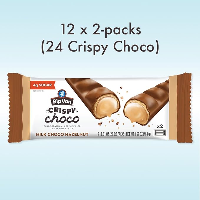 Rip Van Crispy Choco - Milk Chocolate Coated Hazelnut Wafer Bars - Low Sugar Fudge and Hazelnut