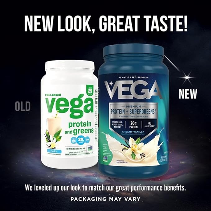 Vega Premium Protein + Supergreens - 20g Protein, Creamy Vanilla, 25 Servings, Spinach,Kale