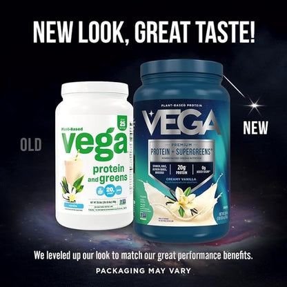 Vega Premium Protein + Supergreens - 20g Protein, Creamy Vanilla, 25 Servings, Spinach,Kale