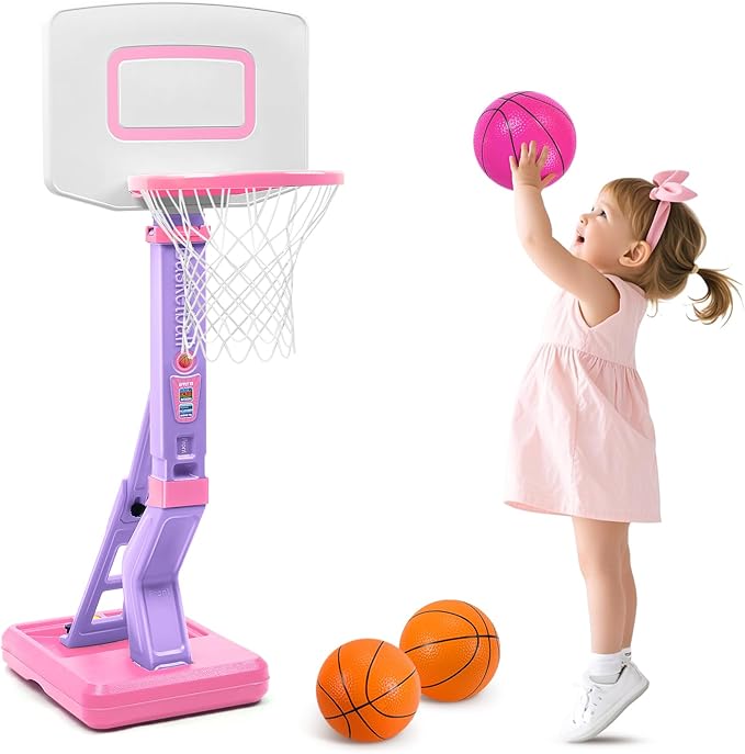 SUPER JOY Toddler Pink Basketball Hoop for Kids 1-3,2-4 5 Years Old, Adjustable Mini Hoop Set for
