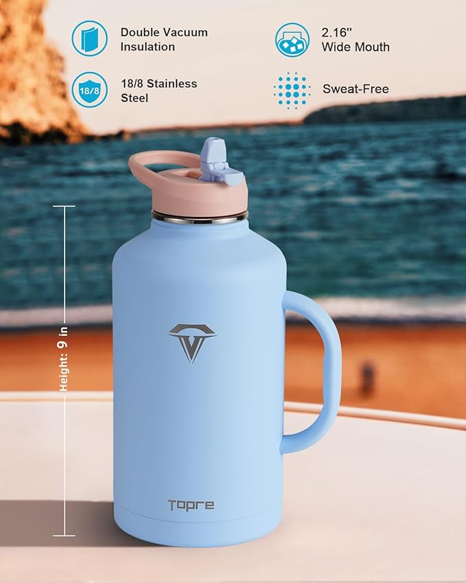 64 oz Insulated Water Bottle with Straw and Lid, Half Gallon Stainless Steel Cup with