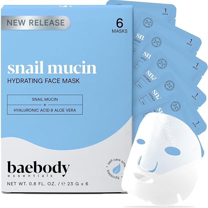 Baebody Snail Mucin Face Sheet Mask (6 pcs) - Anti Aging and Moisturizing Face Mask with Hyaluronic