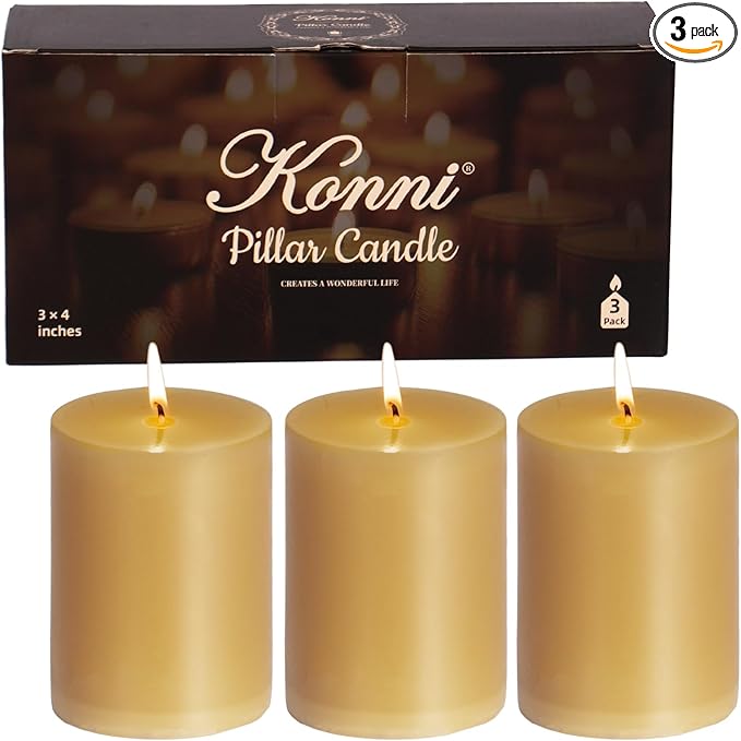 KONNI Mustard Yellow Pillar Candles Set of 3, 3"x 4" Unscented Pillar Candles Bulk, 39 Hours Long